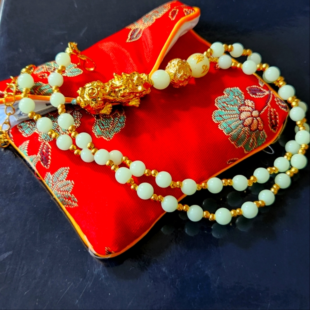 Feng Shui (Glow in the Dark)Luminous Beaded Pi Xiu Pendant Necklace 18in.